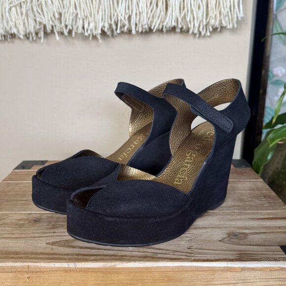 Pedro Garcia Black Genuine Suede Peep Toe Ankle Strap Platform Wedge Sandal - Picture 1 of 16